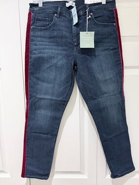 NEVER WORN! LOFT Dark Wash Skinny Jeans with velvet Burgundy Side Stripe